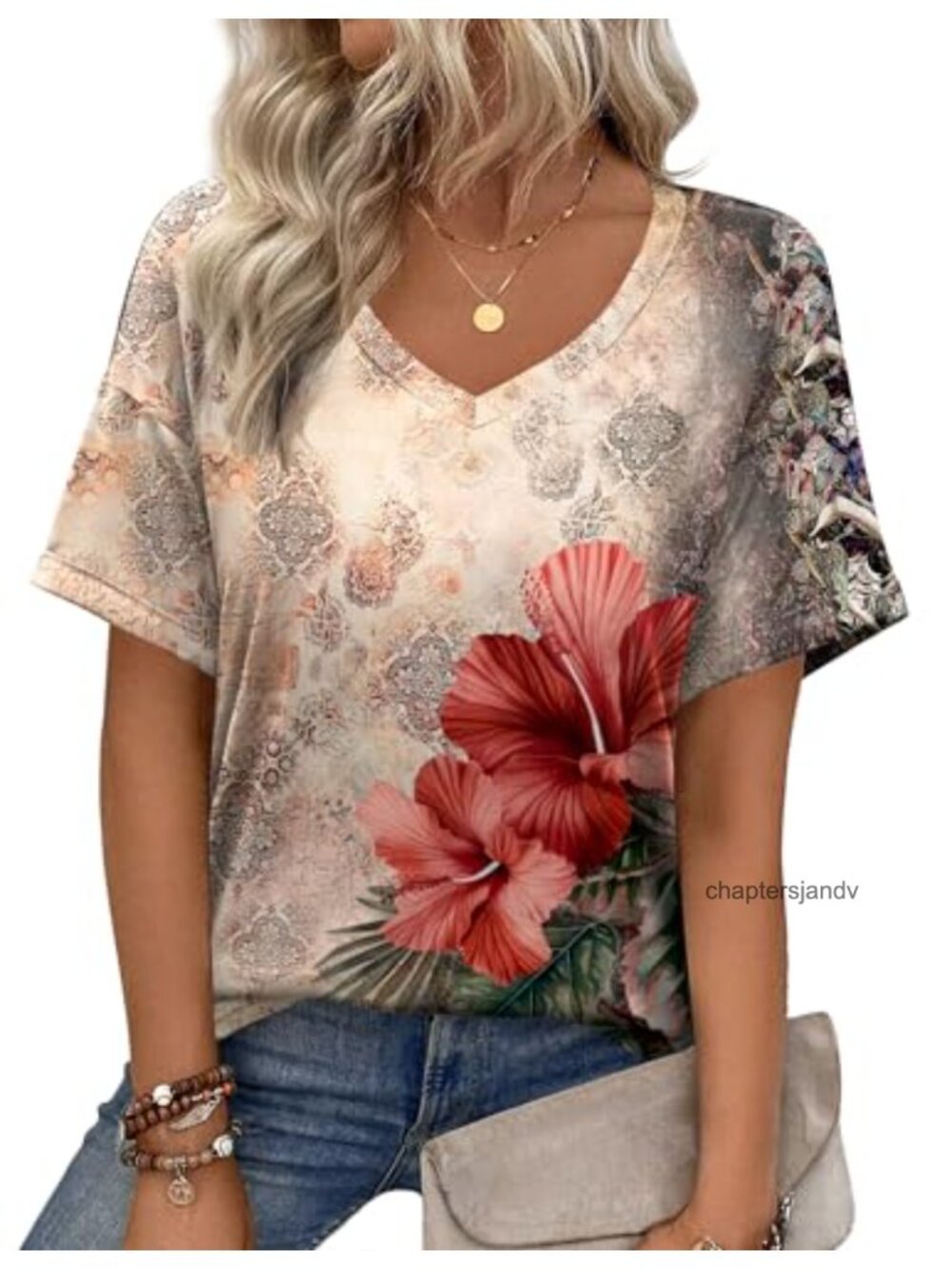 Women's Short Sleeve V-Neck Tunic Tee - 95% Polyester 5% Spandex